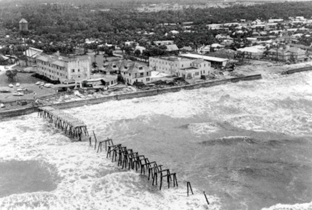 The Atlantic Beach Hotel and pier were devastated by the impacts of Hurricane Dora. The storm lingered off the Atlantic coast for nearly 24 hours, allowing winds to drive the storm surge to a point 10 feet above normal tide.