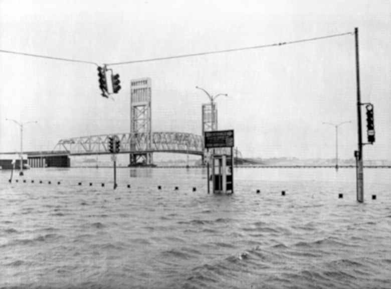 Where’s the road? The Main Street Bridge, some traffic lights, and some signs are all that is visible in downtown Jacksonville as the St. John’s River swells from storm surge produced by Hurricane Dora.