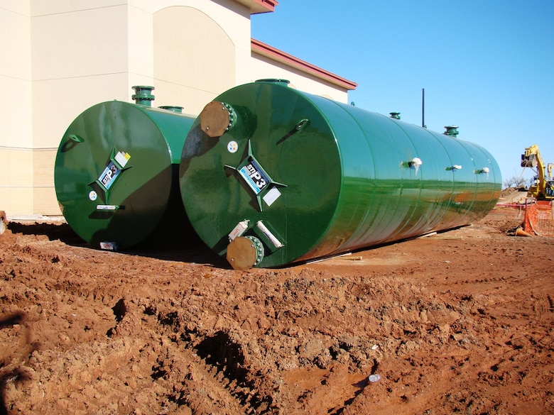 The two 50 thousand gallon rainwater collection tanks before installation at the Thermal High Altitude Air Defense (THAAD) project.