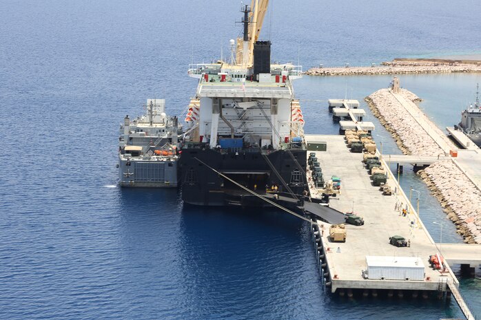 AQABA, Jordan (May 28, 2014) The Maritime Pre-Positioning vessel, USNS 1st LT Baldomero Lopez, named after Korean War veteran and Marine Medal of Honor recipient,  moored at the Port of Aqaba’s Royal Jordanian Naval Forces Base, in the Kingdom of Jordan for a four-day offload of military vehicles and gear in support of Exercise Eager Lion 2014. Eager Lion is a recurring, multinational exercise designed to strengthen military-to-military relationships, increase interoperability between partner nations and enhance regional security and stability.  (U.S. Marine Corps photo by Master Sgt. Will Price/Released)