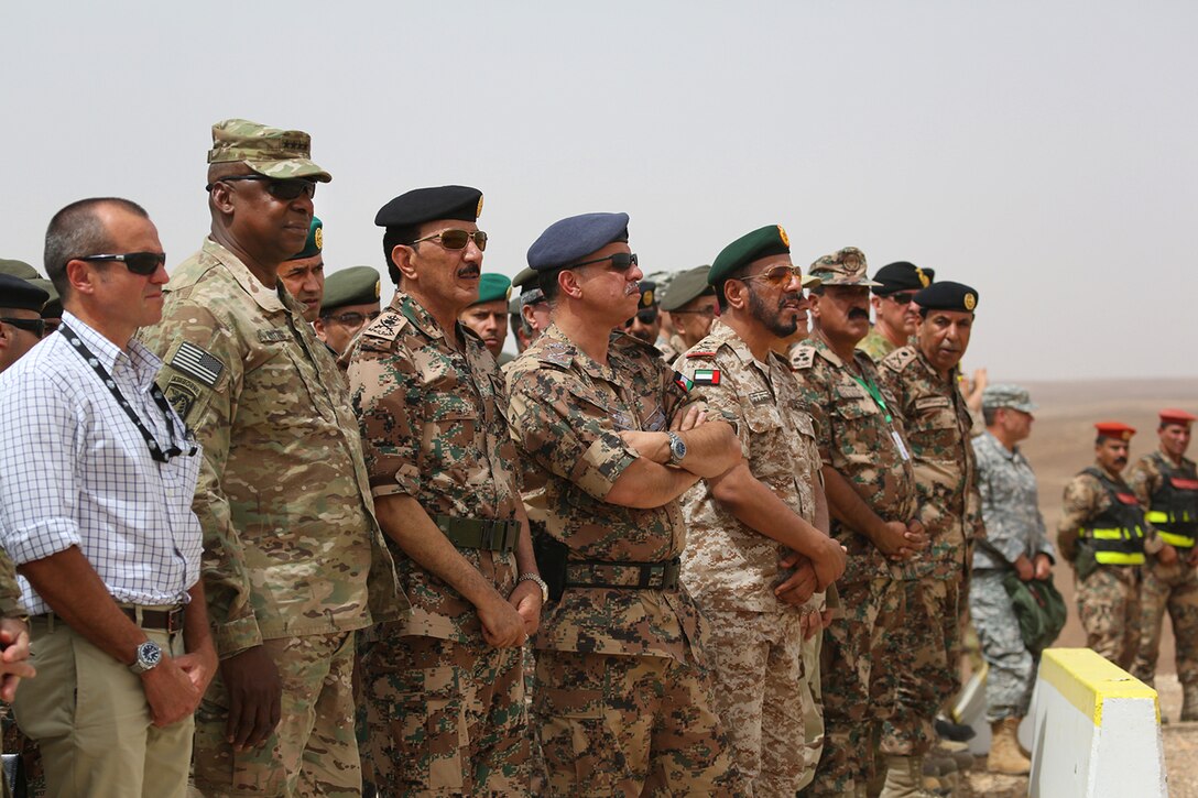 Prince of Jordan Faisal Bin Al-Hussein, Gen. Lloyd Austin, commander, U.S. Central Command, and Jordanian Chief of Defense Gen. Mashal Al Zaben, along with general officers and military officials from more than 20 different countries, watch the Combined Armed Live Fire Exercise (CALFEX) demonstration during Exercise Eager Lion 2014 in Jebel Petra, Jordan, June 5.  Eager Lion is a recurring, multinational exercise designed to strengthen military-to-military relationships, increase interoperability between partner nations and enhance regional security and stability.   (U.S. Marine Corps photo Master Sgt. Will Price, MARCENT/Released)