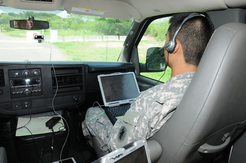 U. S. Army 1st Lt. William Jung, Joint Task Force-Bravo U. S. Southern Command Situational Assessment Team (SSAT) member, operates the Automated Route Reconnaissance Kit (ARRK) during a road reconnaissance performance exercise.  The SSAT received training and performed practical exercises with the ARRK in preparation for future Central American disaster relief missions.  It employs a ruggedized laptop computer to automatically and continuously collect road information and condition to provide situational awareness and facilitate the decision making process.  (Photo by U. S. Air National Guard Capt. Steven Stubbs)