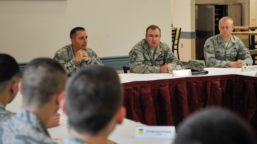 Chief Master Sgt. Marty Anderson, center, Eighth Air Force command chief and Chief Master Sgt. Curtis Storms, left, 2nd Bomb Wing command chief, talk to Airmen on Barksdale Air Force Base, La., June 12, 2014. Anderson and Storms talked about how to better the Airmen’s career in the military by making the Air Force’s top priorities their own. (U.S. Air Force photo/Airman 1st Class Benjamin Raughton)