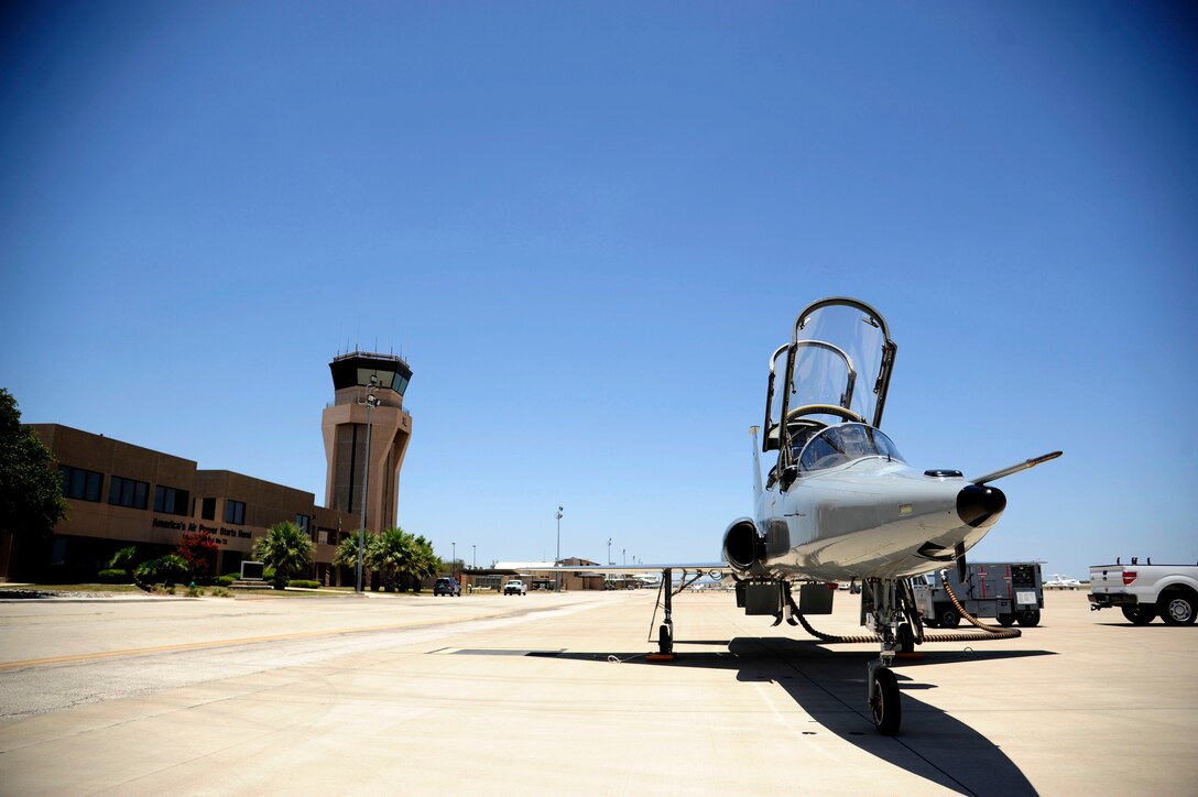 An AT-38B Talon, based out of the 96th Test Group, Holloman Air Force Base, New Mexico, sits on the flight line of Laughlin Air Force Base, Texas, June 10, 2014.  The T-38 Talon is a two-seat, twin-engine supersonic jet trainer that has been in service for over 50 years with its original operator, the United States Air Force. (U.S. Air Force photo by Staff Sgt. Steven R. Doty, 47th Flying Training Wing.)(Released)