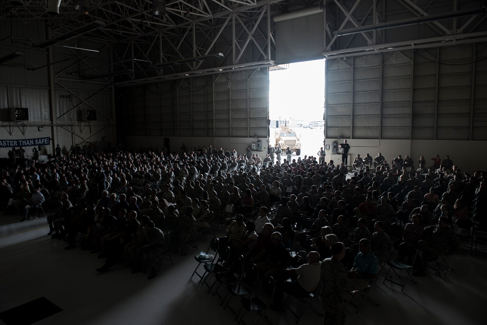 Airmen and their families await the world premiere of National Geographic Channel’s “Inside Combat Rescue: The Last Stand” at Moody Air Force Base, Ga., June 11, 2014. Approximately 800 people were in attendance. (U.S. Air Force photo by Airman 1st Class Ryan Callaghan/Released)