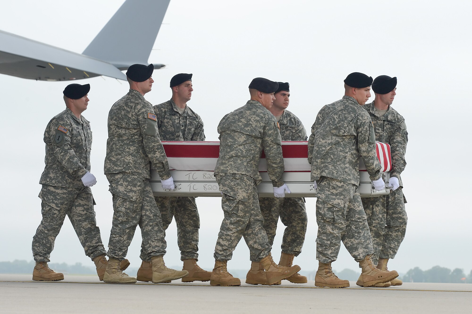 A U.S. Army carry team transfers the remains of Pfc. Aaron S. Toppen of Mokena, Ill., during a dignified transfer June 12, 2014, at Dover Air Force Base, Del. Toppen was assigned to the 2nd Battalion, 12th Infantry Regiment, 4th Infantry Brigade Combat Team, 4th Infantry Division, Fort Carson, Colo. (U.S. Air Force photo/Greg L. Davis)