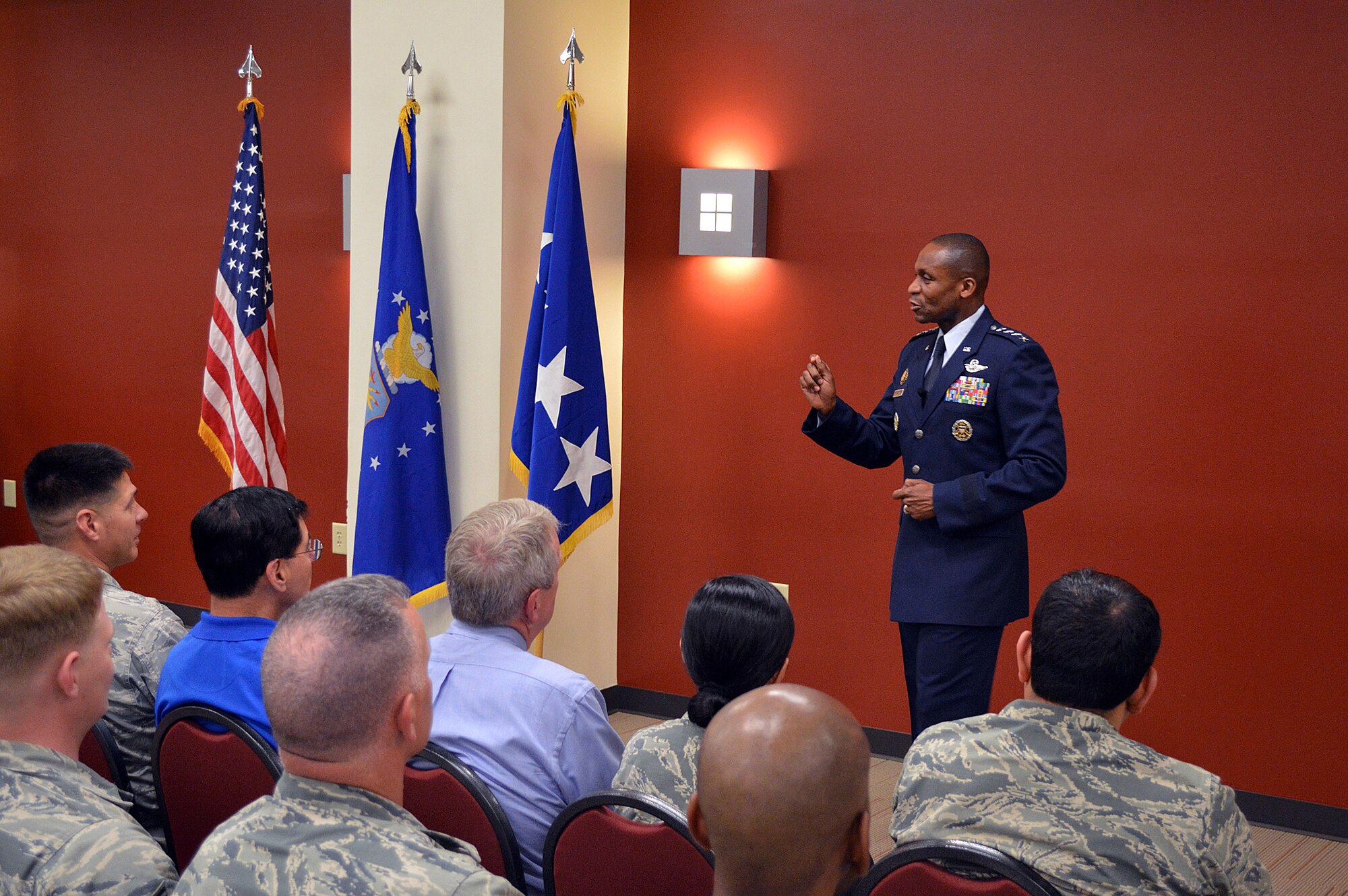 Gen. Darren W. McDew, Air Mobility Command commander, speaks to Pope Army
Airfield Airmen during an all call recently at the Fort Bragg Family
Readiness Group Center on Pope Army Airfield, North Carolina. McDew spoke to
Airmen about leadership and budget impacts and how those issues will affect
the Air Force in the future during his initial AMC base visit tour that
included stops at Joint Base McGuire-Dix-Lakehurst, New Jersey and Joint
Base Charleston, South Carolina. (U.S. Air Force photo/Marvin Krause)
