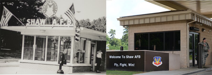 (Far right) U.S. Air Force Airman 1st Class Ryan Britt, 20th Security Forces Squadron entry controller, watches for vehicles entering the main gate at Shaw Air Force Base, S.C., June 12, 2014. For “throwback Thursday” photo of the day, a photograph of the main gate of Shaw Air Force Base about 50 years ago is compared to how it looks today. (U.S. Air Force photo by Senior Airman Tabatha Zarrella/Released) 