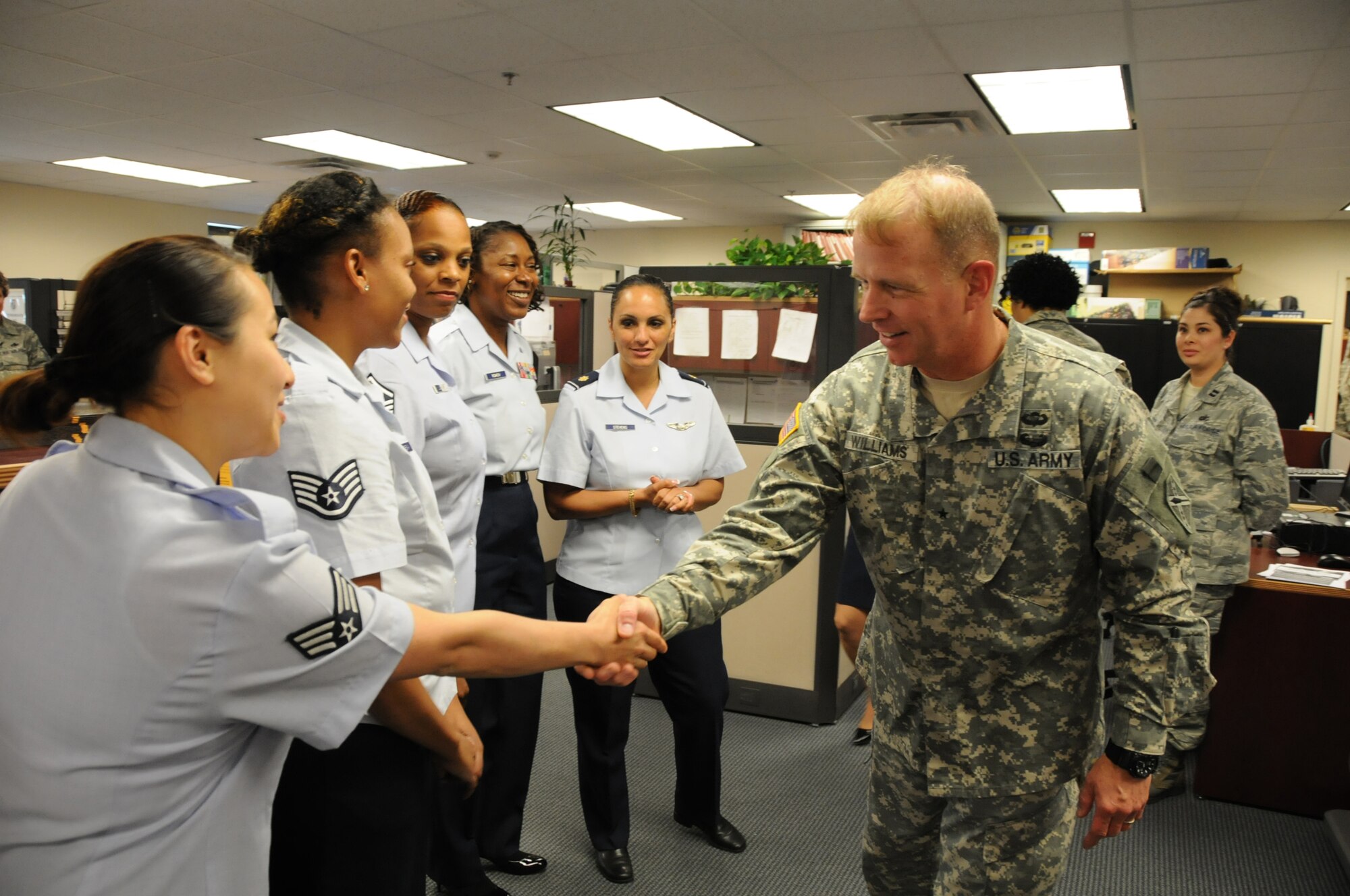 Brig. Gen. Timothy P. Williams, the Adjutant General of Virginia visited Airmen from the 192d Fighter Wing Joint Base Langley Eustis, June 7, 2014. Williams met with Airmen from various sections over drill weekend and learned about their mission in the Virginia Air Guard. Brig. Gen Williams was appointed by the Governor of Virginia to the position of Adjutant General on June 2nd and is currently touring the state to meet members from the Guard and learn more about the mission of each unit under his command.