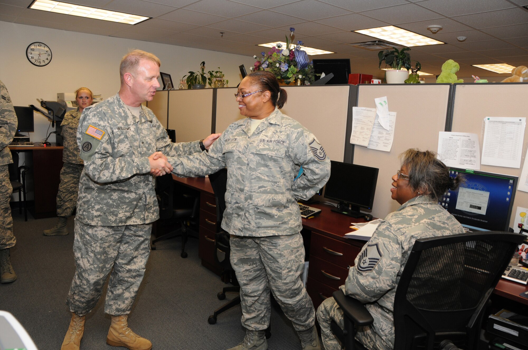 Brig. Gen. Timothy P. Williams, the Adjutant General of Virginia visited Airmen from the 192d Fighter Wing Joint Base Langley Eustis, June 7, 2014. Williams met with Airmen from various sections over drill weekend and learned about their mission in the Virginia Air Guard. Brig. Gen Williams was appointed by the Governor of Virginia to the position of Adjutant General on June 2nd and is currently touring the state to meet members from the Guard and learn more about the mission of each unit under his command.