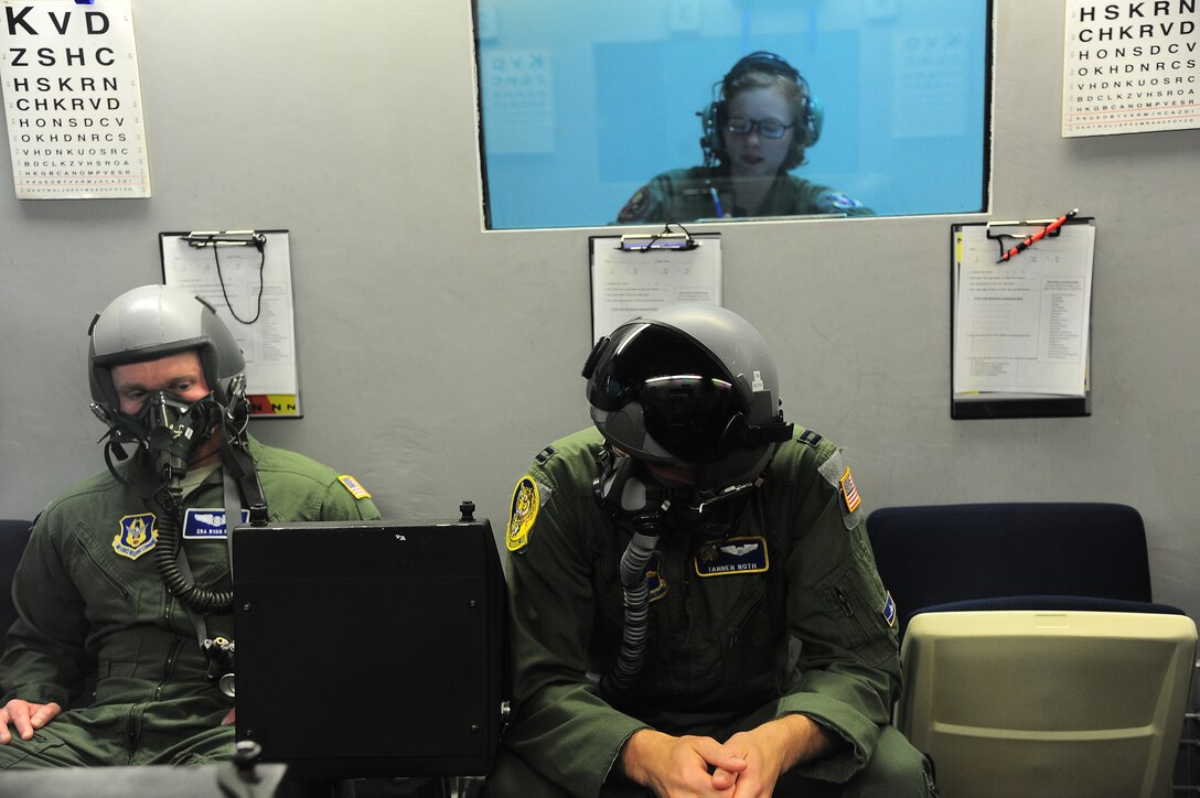 Airman First Class Victoria Mcmillan observes aircrew personnel undergo training in a hypobaric chamber on Columbus Air Force Base May 8. As an AETC base with student pilots Columbus AFB having its own hyperbaric chamber is essential to giving training pilots and senior pilots the proper training they need to execute their job safely and efficiently. 