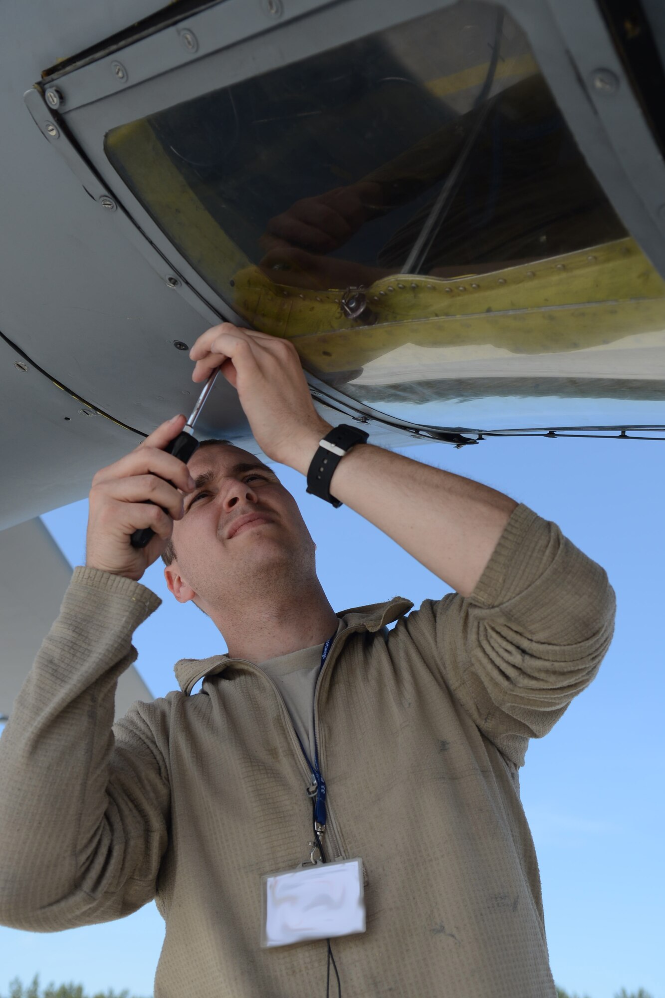U.S. Air Force Staff Sgt. Robert Kayser, 351st Expeditionary Air Refueling Squadron-Poland hydraulics craftsman from Meridian, Miss., performs routine maintenance on a KC-135 Stratotanker June 11, 2014, following a Baltic Operations Exercise mission out of Powidz Air Base, Poland. The BALTOPS Exercise provides the opportunity for personnel of participating nations to engage in realistic training to build experience, teamwork and strengthen interoperability while working toward mutual goals. (U.S. Air Force photo/Airman 1st Class Kyla Gifford/Released)