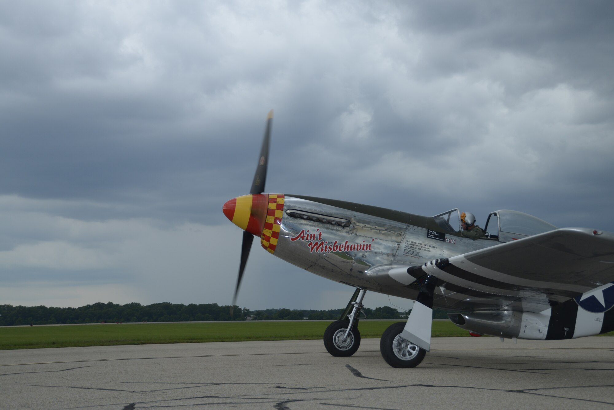 Col. Clarence “Bud” Anderson (retired)  prepares for take-off in a P-51 Mustang during the Gathering of Eagles annual event at Maxwell Air Force Base, June 6, 2014. The P-51 mustang was brought in for the day to honor Anderson, a triple Ace from WWII, on the 70th anniversary of the allied invasion of Normandy known as D-Day, in which he flew. (U.S. Air Force photo by Staff Sgt. Gregory Brook)