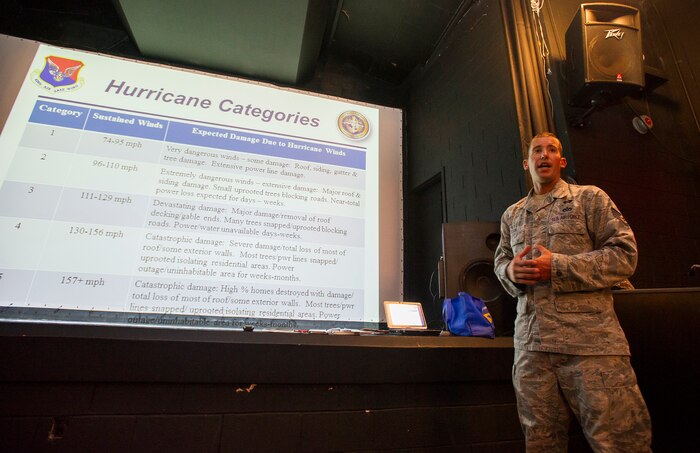 Staff Sgt. Nicholas Olson, 628th Civil Engineer Squadron emergency management craftsman, gives a briefing about hurricane preparedness at a town hall meeting, June 9, 2014, at Joint Base Charleston. The briefings were held at both the Naval Weapons Station and Air Base to ensure the widest dissemination of hurricane information. (U.S. Air Force photo / Senior Airman George Goslin)
