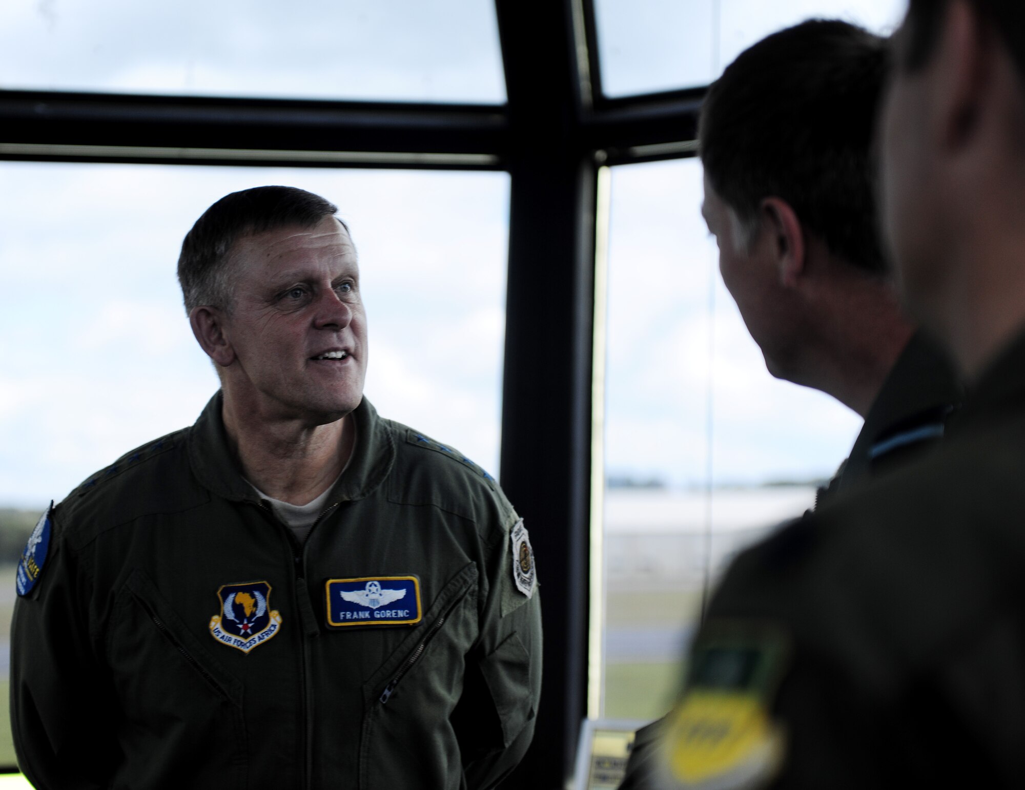 Gen. Frank Gorenc, U.S. Air Forces in Europe, U.S. Air Forces Africa and Allied Air Command commander, discusses the importance of joint training operations with allied military forces at RAF Fairford, United Kingdom, June 10, 2014. During his visit, Gorenc was able to see firsthand how rapidly stateside-based Airmen can mobilize, beddown and launch training missions from an overseas base. (U.S. Air Force photo by Staff Sgt. Jarad A. Denton/Released)