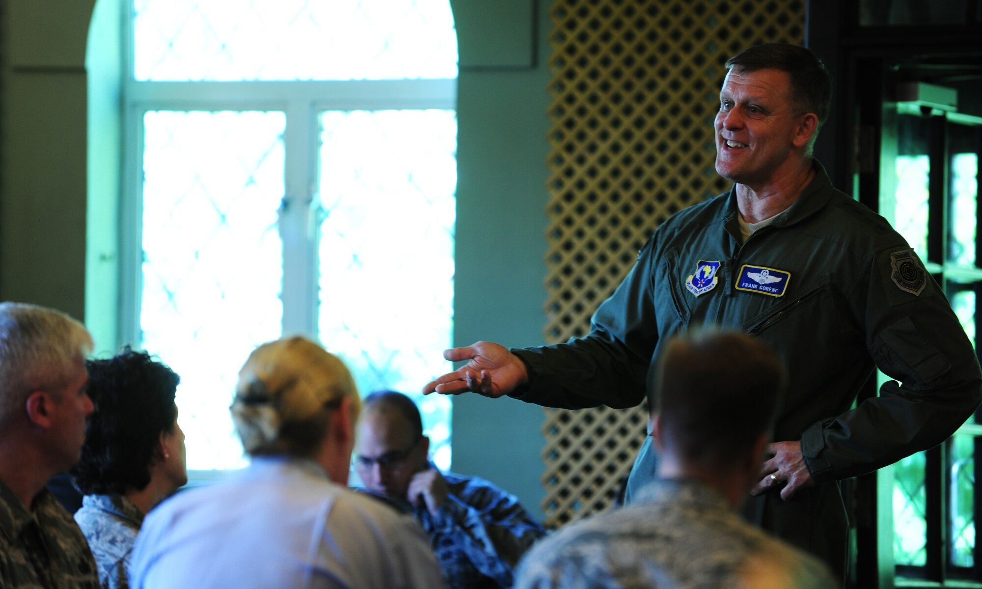 Gen. Frank Gorenc, U.S. Air Forces in Europe and U.S. Air Forces Africa commander, speaks with Airmen inside the dining facility at RAF Fairford, United Kingdom, June 10, 2014. After discussing the current state of the Air Force, Gorenc invited Airmen to ask any and all questions they had on their minds. (U.S. Air Force photo by Staff Sgt. Jarad A. Denton/Released)