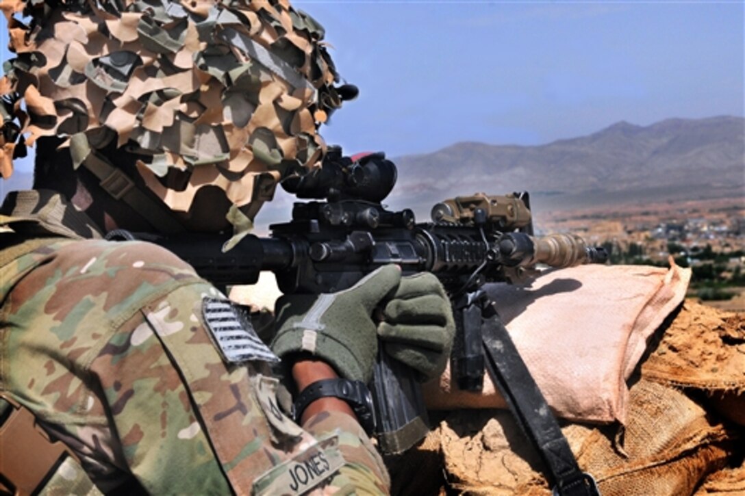 U.S. Army Pfc. Jones provides security during a patrol in Paktia province, Afghanistan, May 29, 2014. Jones is assigned to the 10th Mountain Division's 3rd Squadron, 71st Cavalry Regiment, 3rd Brigade Combat Team. 