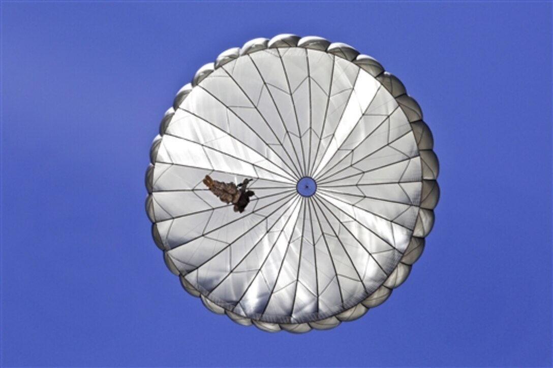 A parachute opens as a soldier conducts a training jump at the National Training Center on Fort Irwin, Calif., June 3, 2014. The training fulfills a requirement to maintain jump status, and remain proficient and ready for future contingencies. 