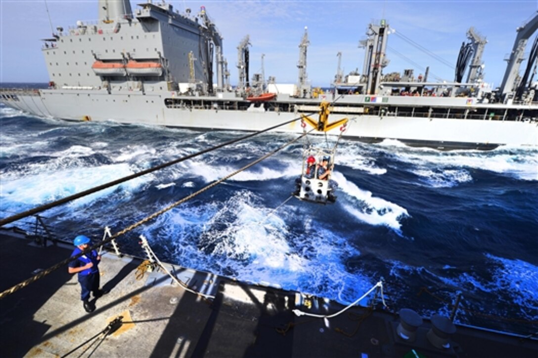 The guided-missile destroyer USS Nitze conducts a personnel transfer during a replenishment with the USNS Tippecanoe in the Indian Ocean, June 5, 2014. The Nitze is supporting maritime security operations and theater security cooperation efforts in the U.S. 6th Fleet area of responsibility. 