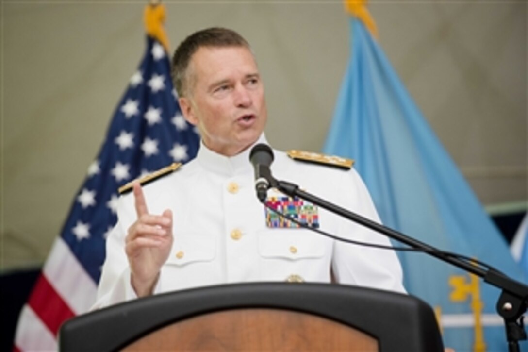 Navy Adm. James A. Winnefeld Jr., vice chairman of the Joint Chiefs of Staff, delivers the commencement address at the National Defense University on Fort McNair in Washington, D.C., June 12, 2014. The university is a national security institution focused on advanced joint education, leader development and scholarship.