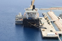 AQABA, Jordan (May 28, 2014) The Maritime Pre-Positioning vessel, USNS 1st LT Baldomero Lopez, named after Korean War veteran and Marine Medal of Honor recipient,  moored at the Port of Aqaba’s Royal Jordanian Naval Forces Base, in the Kingdom of Jordan for a four-day offload of military vehicles and gear in support of Exercise Eager Lion 2014. Eager Lion is a recurring, multinational exercise designed to strengthen military-to-military relationships, increase interoperability between partner nations and enhance regional security and stability.  (U.S. Marine Corps photo by Master Sgt. Will Price/Released)