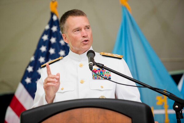 Vice Chairman of the Joint Chiefs of Staff Admiral James A. Winnefeld, Jr. delivers the commencement address at the 2014 National Defense University graduation ceremony, on Fort Lesley J. McNair, Washington, D.C., June 12, 2014. NDU is dedicated to being the premier national security institution focused on advanced joint education, leader development and scholarship.