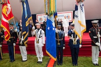 Honor Guard members present the colors during the 2014 National Defense University graduation ceremony, on Fort Lesley J. McNair, Washington, D.C., June 12, 2014. NDU is dedicated to being the premier national security institution focused on advanced joint education, leader development and scholarship.