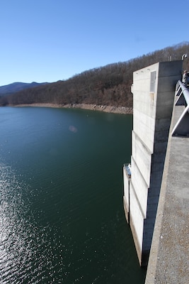 COVINGTON, Va. -- Gathright Dam's intake tower rises out of Lake Moomaw Dec. 12, 2012. The earthen and rolled rock-fill dam impounds the flow of the Jackson River and creates Lake Moomaw, serving both flood control and recreational purposes. (U.S. Army photo/Kerry Solan)