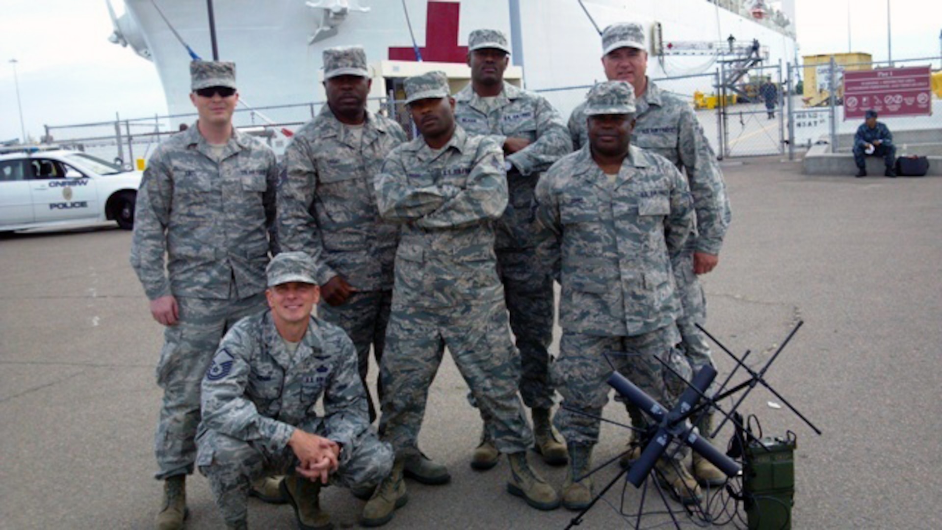 Seven members of the Joint Communications Support Element, a subordinate command of the Joint Enabling Capabilities Command embark on the USNS Mercy in support of Operation Pacific Partnership 2012. The team, all members of the 224th Joint Communications Support Squadron, a Georgia Air National Guard unit aligned to JCSE, will provide essential unclassified and classified communications capabilities throughout the duration of the mission.