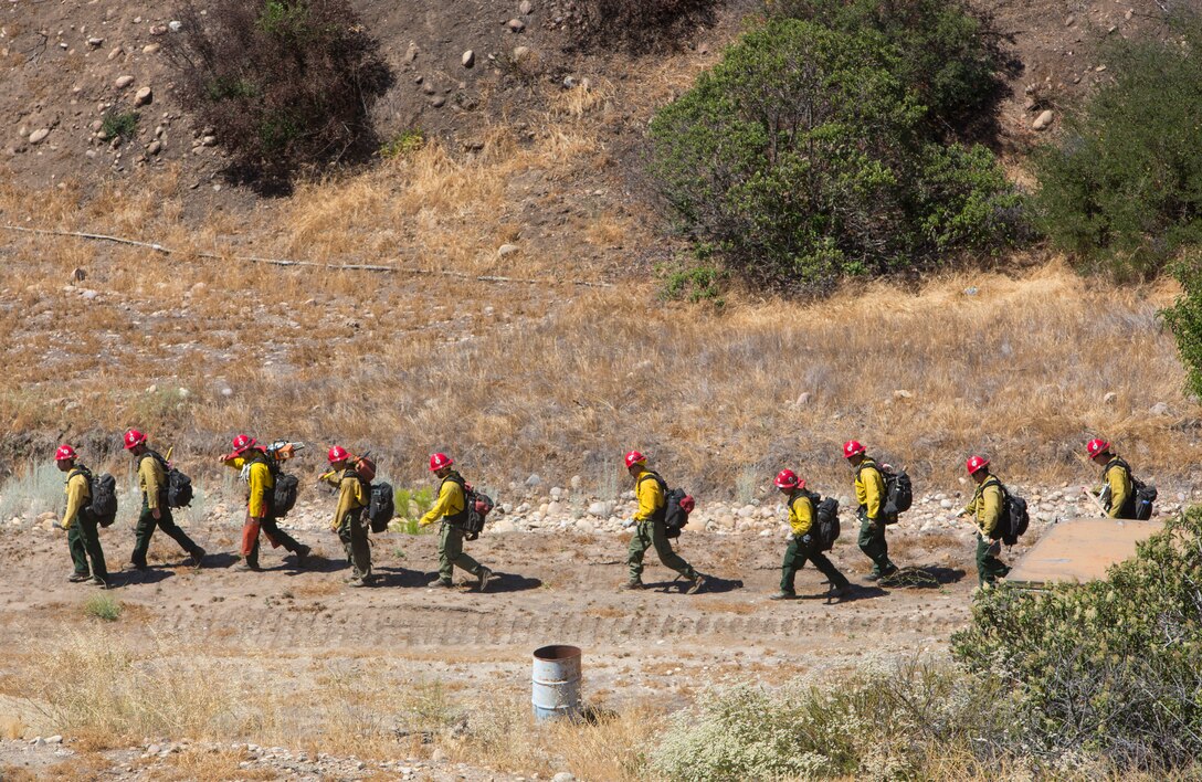 Firefighters with the Miramar Fire Department and the Laguna Hotshots walk to the burn site before conducting a prescribed burn aboard Marine Corps Air Station Miramar, Calif., June 12. The Miramar Fire Department conducts these burns to reduce the risk of wildfires.     