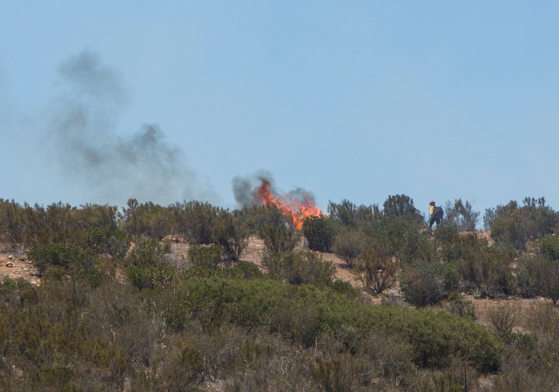 A firefighter with the Miramar Fire Department manages a fire during a prescribed burn aboard Marine Corps Air Station Miramar, Calif., June 12. The Miramar Fire Department worked with the Laguna Hotshots, a crew with the United States Department of Agriculture Forest Service, during the burn. 