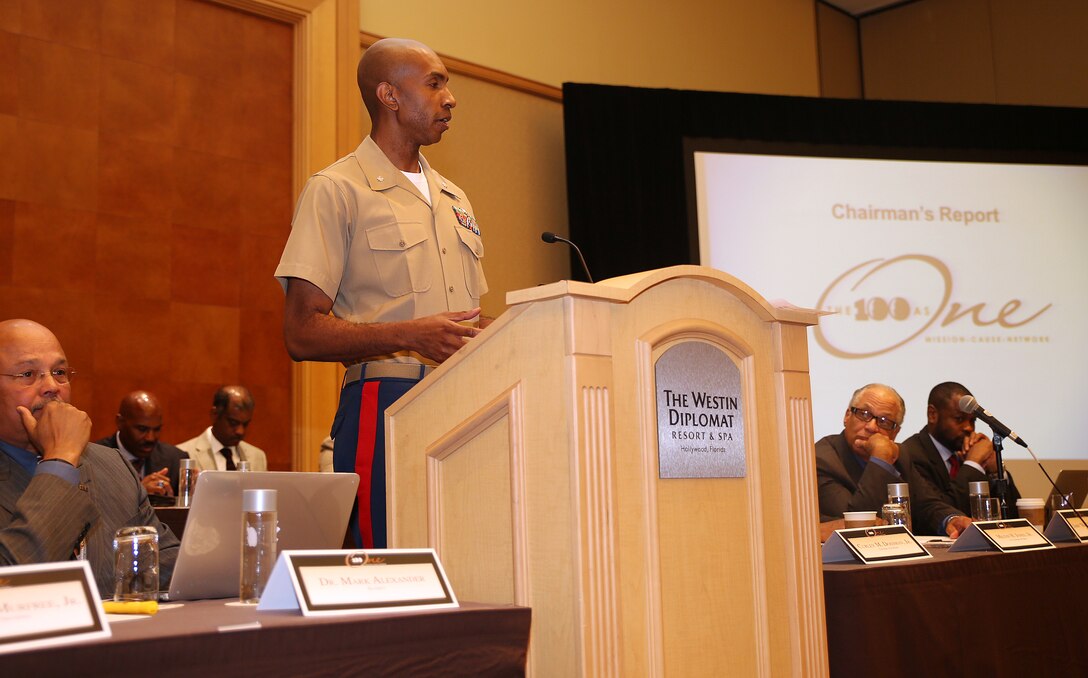 Lt. Col. Larry Parker, Marine Corps Recruiting Command proof source at the 100 Black Men National Convention and head of Enlisted Plans section of Manpower Plans and Policy Branch, Headquarters Marine Corps, speaks at the International Board of Directors Meeting in Hollywood, Florida on June 12, 2014. The 100 Black Men National Symposium integrated Marines throughout the week to discuss key topics that support African-American youth to succeed in their careers and throughout lifetime goals