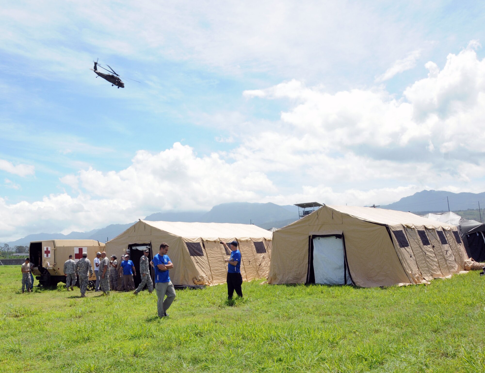 A UH-60 Blackhawk MEDEVAC helicopter takes off in simulated patient air evacuation during a exercise at Soto Cano Air Base, Honduras.  In preparation for the 2014 hurricane season, the Joint Task Force-Bravo Medical Element (MEDEL) conducted a humanitarian assistance/disaster response (HA/DR) exercise at Soto Cano Air Base June 12, 2014.  The MEDEL's mission was to establish a forward medical treatment operation capable of providing triage, primary care, surgical capabilities, patient holding and evacuation.  As part of this exercise, a suite of mobile technology applications that run on smartphones and tablets were used to enhance the capabilities of the unit: Global MedAid, Medical Application of Speech Translation (MAST) and GeoSHAPE.  (Photo by U. S. Air National Guard Capt. Steven Stubbs)
