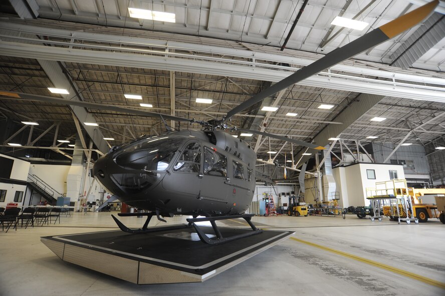 A UH-72A Lakota sits on display at Fairchild Air Force Base, Wash., June 13, 2014. The purpose of the display was for the unveiling of the helicopter model as a primary mission tool for the Washington National Guard. (U.S. Air Force photo by Airman 1st Class Sam Fogleman/Released)