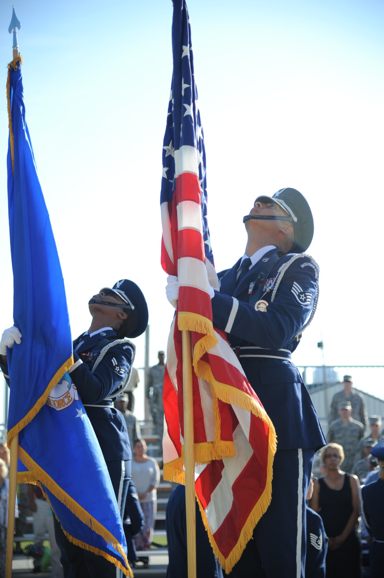 Members of the Keesler Honor Guard post the colors during a re-dedication ceremony honoring the late Airman 1st Class Antoine Holt June 12, 2014, in front of Avery Manor at Keesler Air Force Base, Miss.  Holt, a former student in the 334th TRS, lost his life April 10, 2004 while at Balad Air Base, Iraq, when his tent was hit by a mortar attack. (U.S. Air Force photo by Kemberly Groue)
