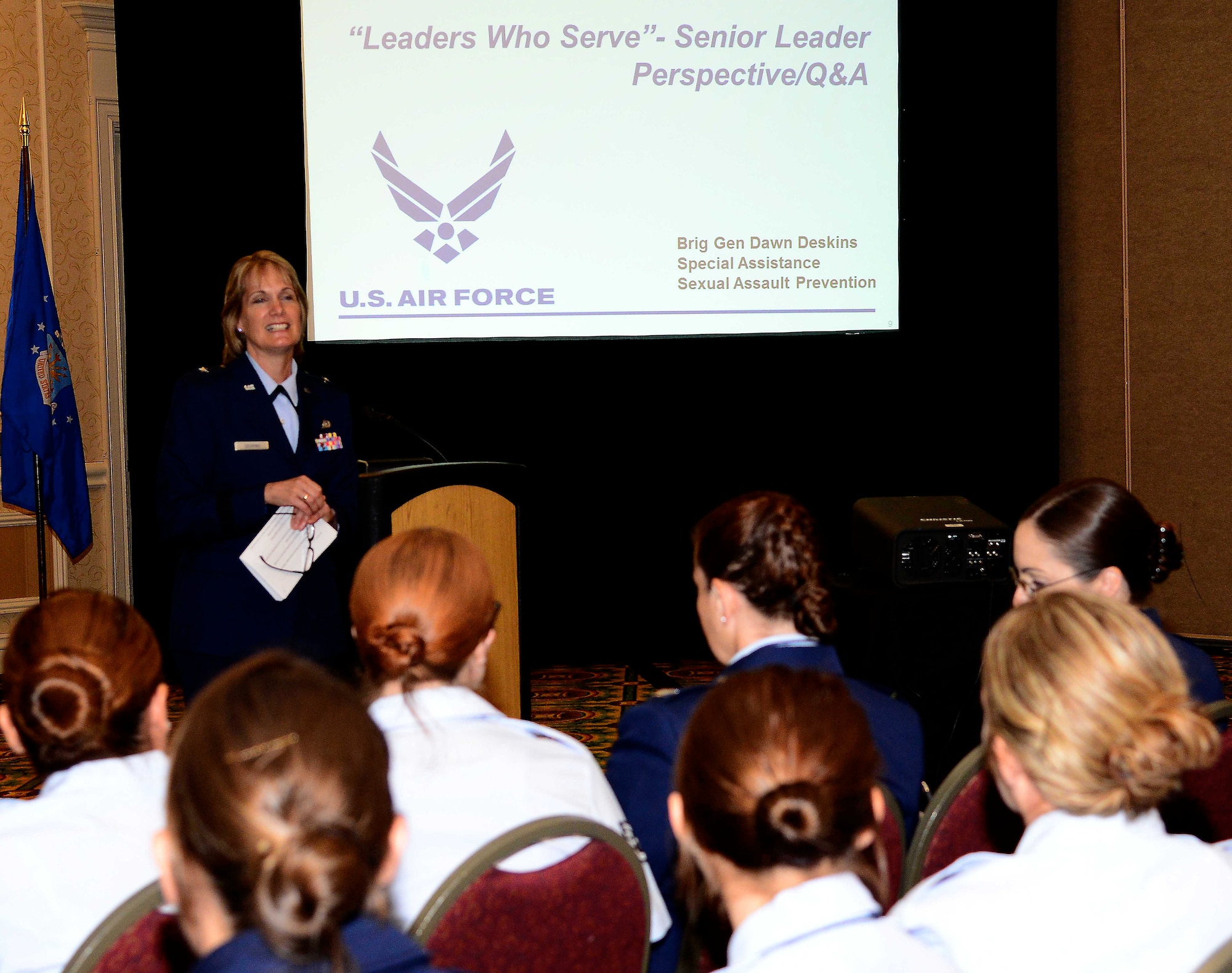 U.S. Air National Guard Brig. Gen. Dawne Deskins, Air National Guard sexual assault prevention program officer, encourages Airmen during the 27th Annual Joint Women’s Leadership Symposium in Norfolk, Va., June 13, 2014. The second day of the symposium was service specific, and the Air Force sessions highlighted the perspective of the service’s senior leaders. (U.S. Air Force photo by Staff Sgt. Antoinette Gibson/Released)
