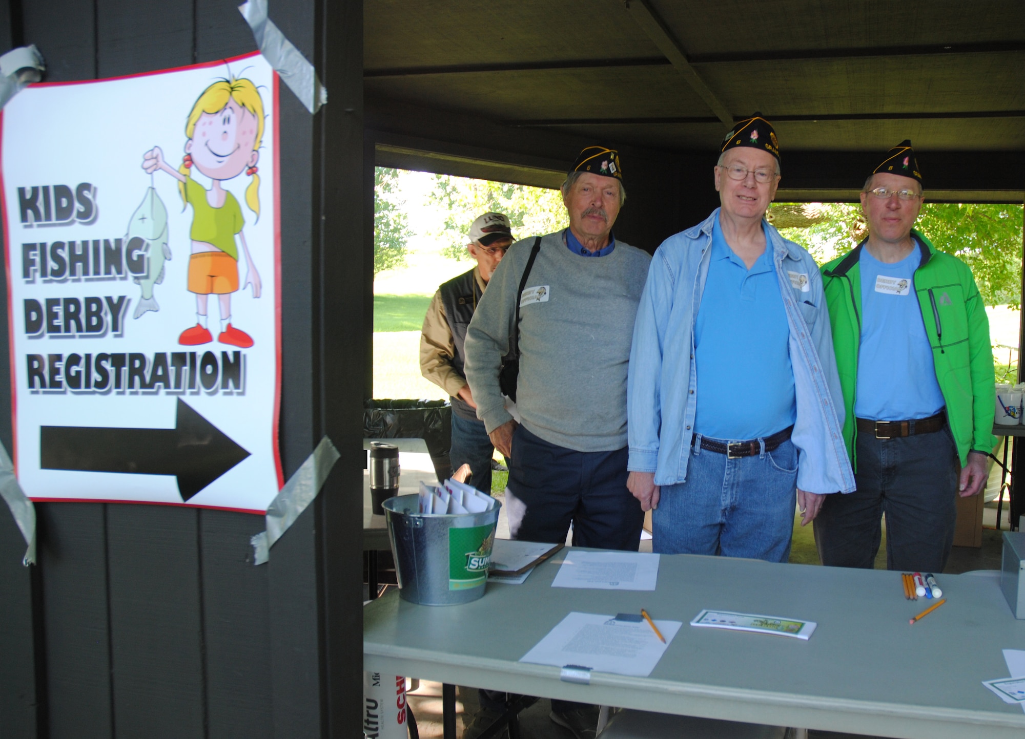 Jim Johnson, Ken Johnson and Karl Ohrn from the American Legion Post #6 in Grand Forks, N.D. take a minute to pose for a group photo before continuing to register more children for the 26th Annual Kids' Fishing Derby held June 7, 2014, at Larimore Dam, N.D. The three members from the local chapter were part of a group of four men, who volunteered to be event officials in addition to helping sponsor in part the derby. They helped bait hooks, register children and present prizes. (U.S. Air Force photo/Staff Sgt. Luis Loza Gutierrez)
