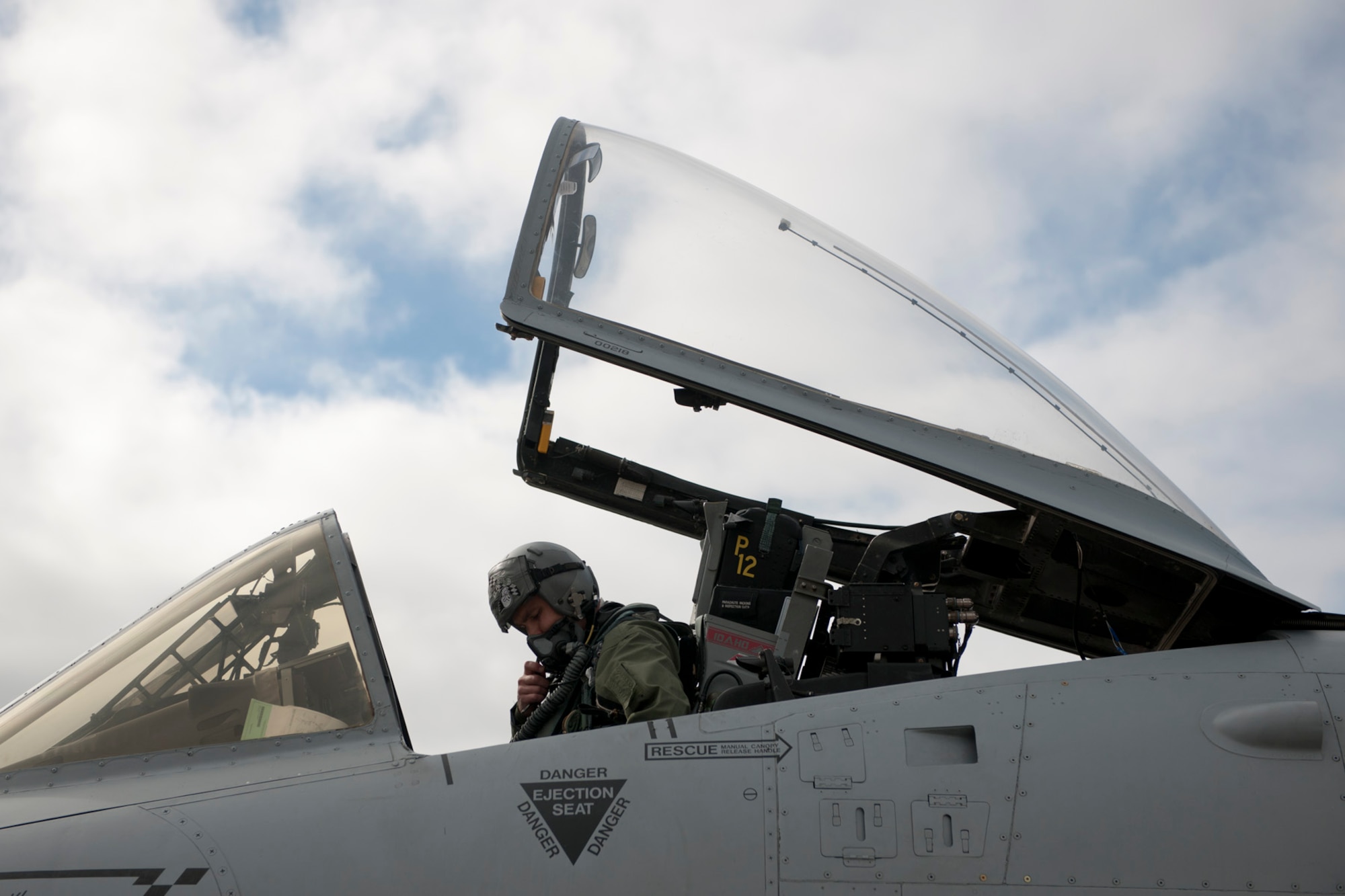 U.S. Air Force Capt. Ryan Brown, 190th Fighter Squadron A-10 Thunderbolt pilot, does preflight checks before departing June 10, 2014, Lajes Field, Azores, Portugal. The A-10 is specifically designed for close air support, and is capable of large and varied ordnance load, long loiter time, accurate weapons delivery, austere field capability and survivability. The 190th FS is from the Idaho Air National Guard. (U.S.  Air Force photo by Tech. Sgt. Paul Villanueva II/Released)