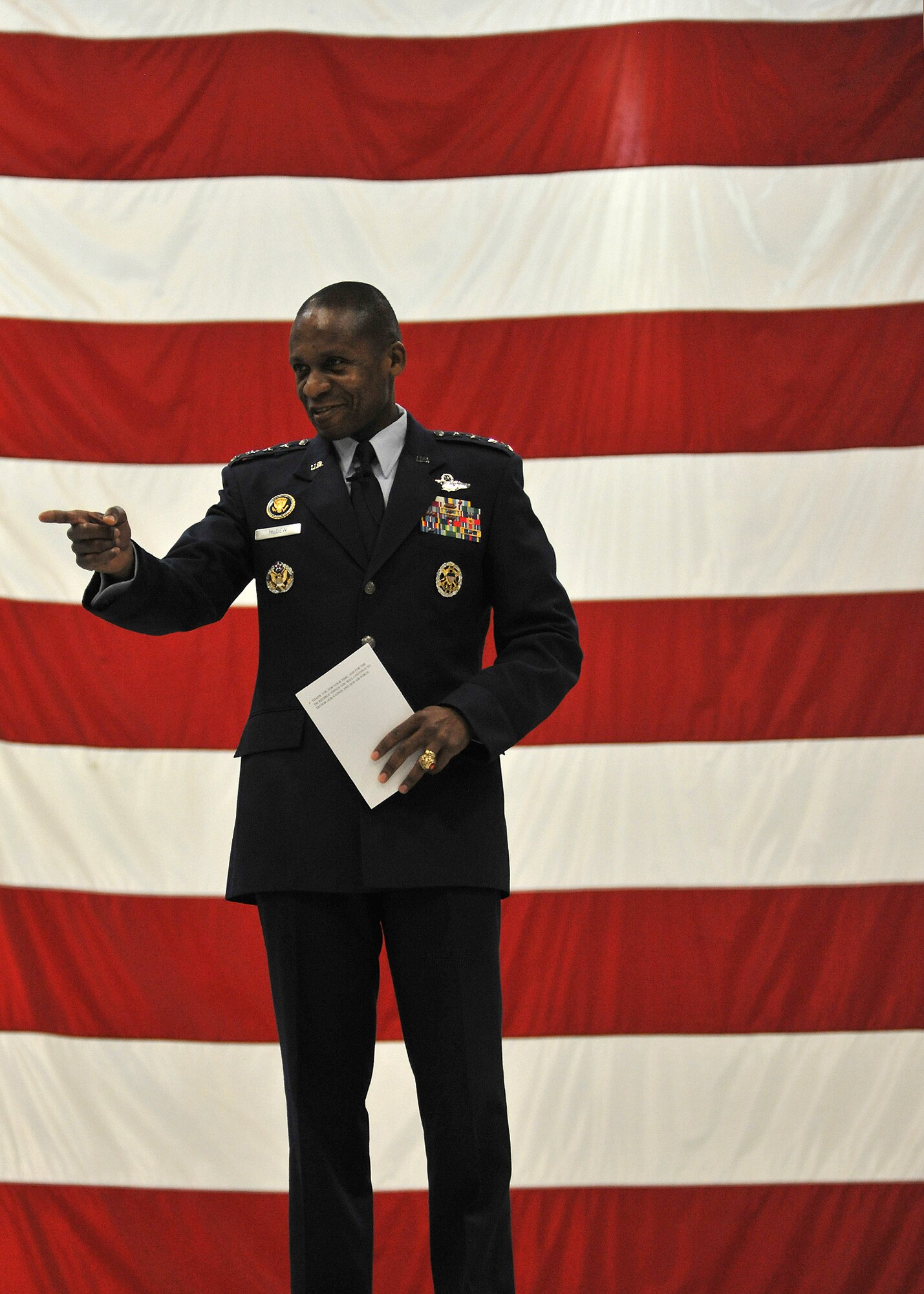 Air Mobility Commander Gen. Darren McDew takes questions during a visit with Airmen from the 319th Air Base Wing on Grand Forks Air Force Base, North Dakota, June 10, 2014. McDew enjoys and expects smart, thoughtful questions during his visits and in this case awarded 10,000 “points” to an Airman who asked a particularly good one. (U.S. Air Force photo/Senior Airman Xavier Navarro)