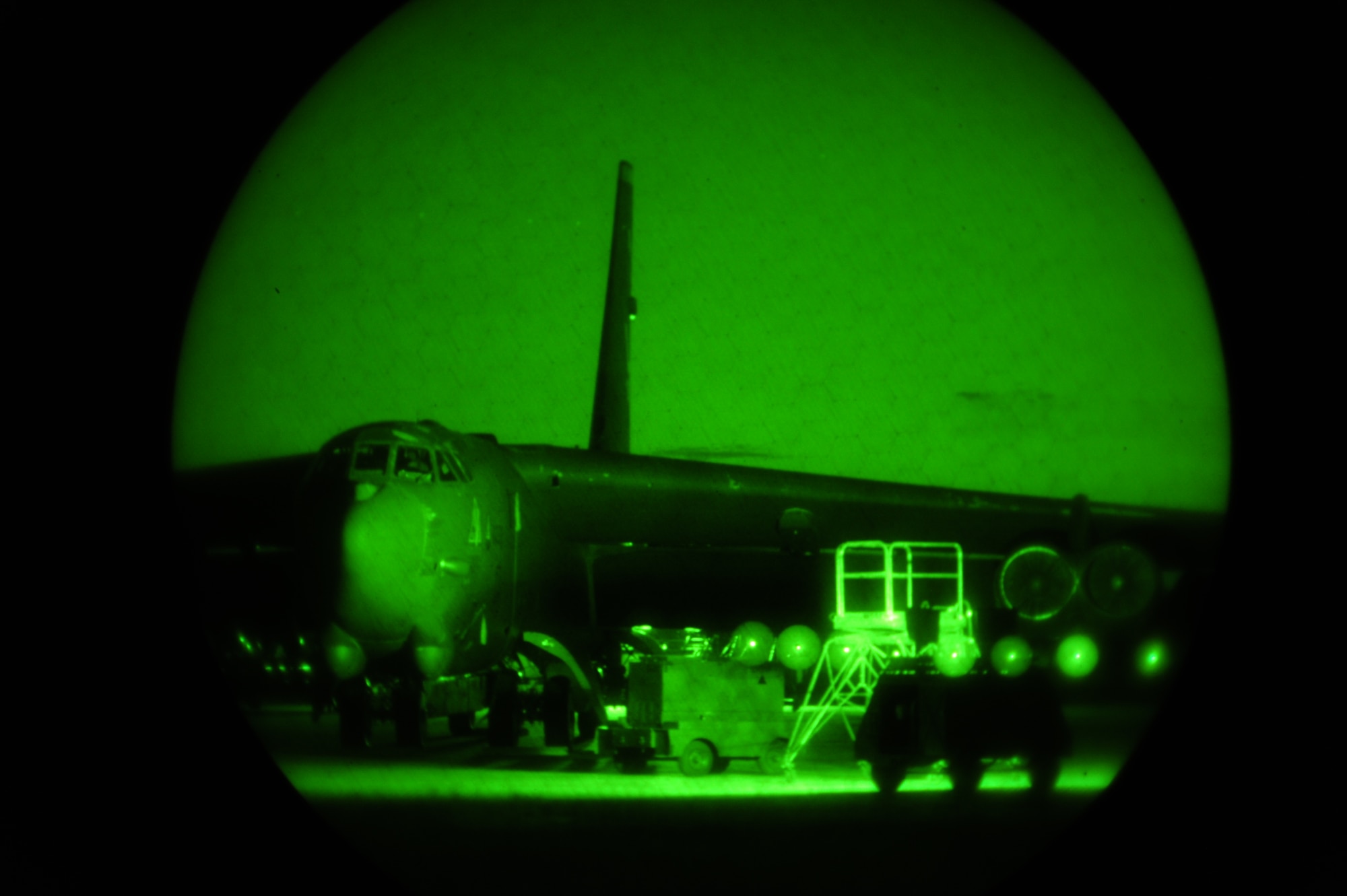 A B-52 Stratofortress from Air Force Global Strike Command “sleeps” on the flightline before maintainers perform post-flight maintenance Stratofortress at RAF Fairford, England, June 11, 2014. B-52 aircrew members conducted training flights in the USEUCOM area of operations for interoperability, training and familiarization with the region. (U.S. Air Force photo by Staff Sgt. Nick Wilson/Released)