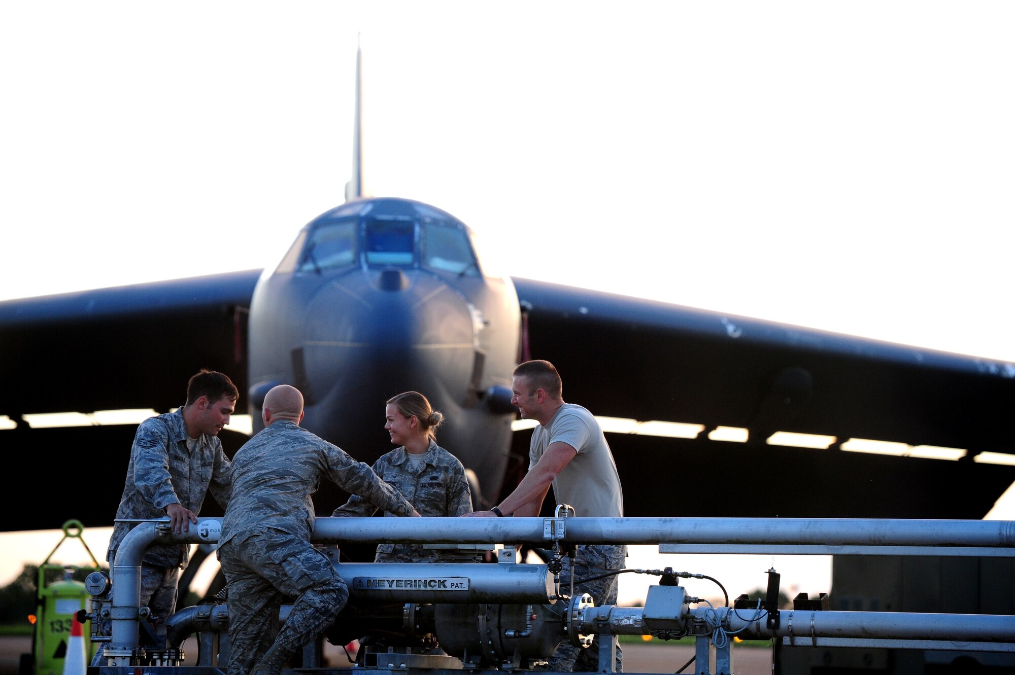 Airmen from the 2nd Logistics Readiness Squadron fuels distribution shop, Barksdale Air Force Base, La., train on pantograph operation procedures while refueling a B-52 Stratofortress at RAF Fairford, England, June 11, 2014. Airmen from Barksdale deployed the U.S. European Command area of operations to train and integrate with U.S. and allied military forces in the region. U.S. Strategic Command routinely conducts training missions in support of geographic combatant commands to ensure the U.S. has a credible and flexible capability to provide the President a variety of options he may need to protect the nation or its allies and partners. (U.S. Air Force photo by Staff Sgt. Nick Wilson/Released)