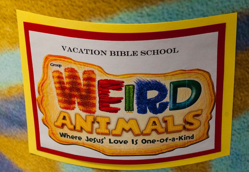A poster hangs in the chapel for Vacation Bible School (VBS) at Moody Air Force Base, Ga., June 11, 2014. VBS was decorated with numerous signs to support this year’s theme weird animals. (U.S. Air Force photo by Airman 1st Class Ceaira Tinsley/Released)
