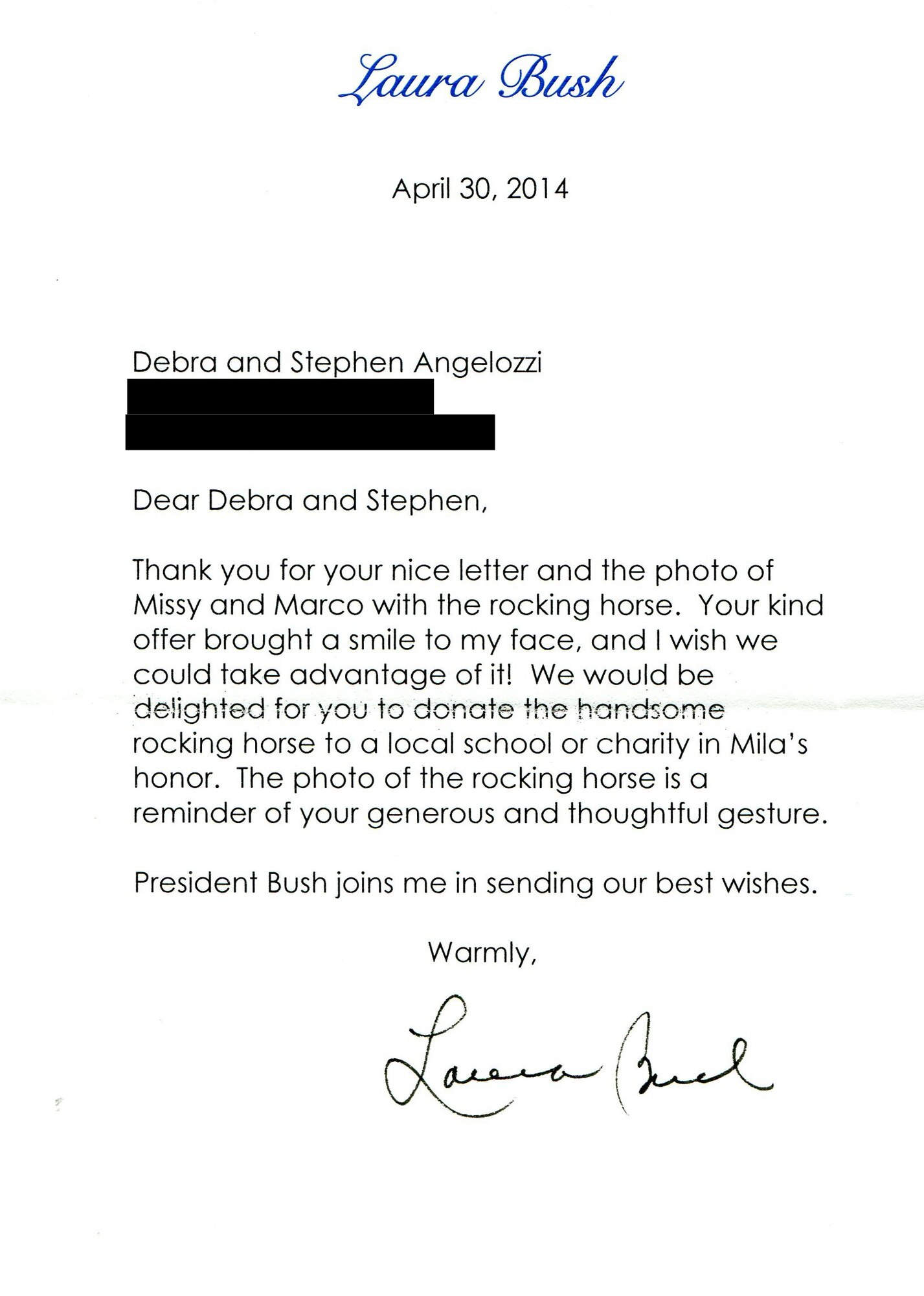 Steve Angelozzi, retired federal Department of Defense employee, decided to write former President George W. and First Lady Bush a letter, seen here, expressing his desire to donate rocking horse number 39 to their newly born granddaughter Mila. A letter came back to him stating that they were unable to accept the gift, but donating it on their behalf would make them very appreciative. (Courtesy photo)