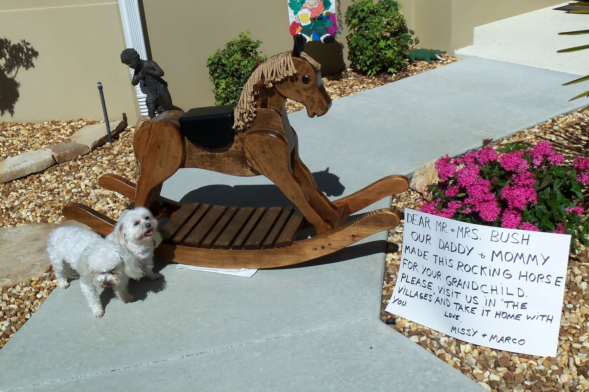 Steve Angelozzi, retired federal Department of Defense employee, donated rocking horse number 39, seen here, to the base chapel at MacDill Air Force Base, Fla., June 12, 2014. Angelozzi decided to write former President George W. and First Lady Bush a letter expressing his desire to donate the rocking horse to their newly born granddaughter Mila. (Courtesy Photo)