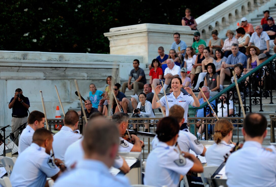 The United States Air Force Band performs a D-Day 70th Anniversary Big Band Salute on the west side steps of the U.S. Capitol Building, Washington, D.C., June 10, 2014. The band presents part of their Summer Concert Series event offering free outdoor concerts every Friday evening throughout the summer at the U.S. Air Force Memorial. (U.S. Air Force photo/Senior Airman Nesha Humes) 
