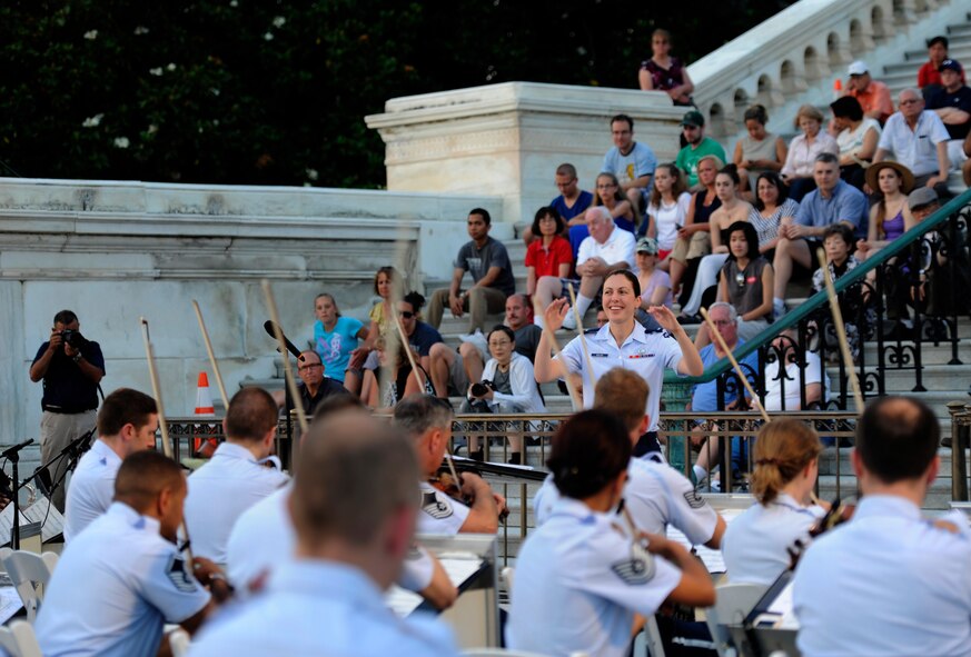 The United States Air Force Band performs a D-Day 70th Anniversary Big Band Salute on the west side steps of the U.S. Capitol Building, Washington, D.C., June 10, 2014. The band presents part of their Summer Concert Series event offering free outdoor concerts every Friday evening throughout the summer at the U.S. Air Force Memorial. (U.S. Air Force photo/Senior Airman Nesha Humes) 
