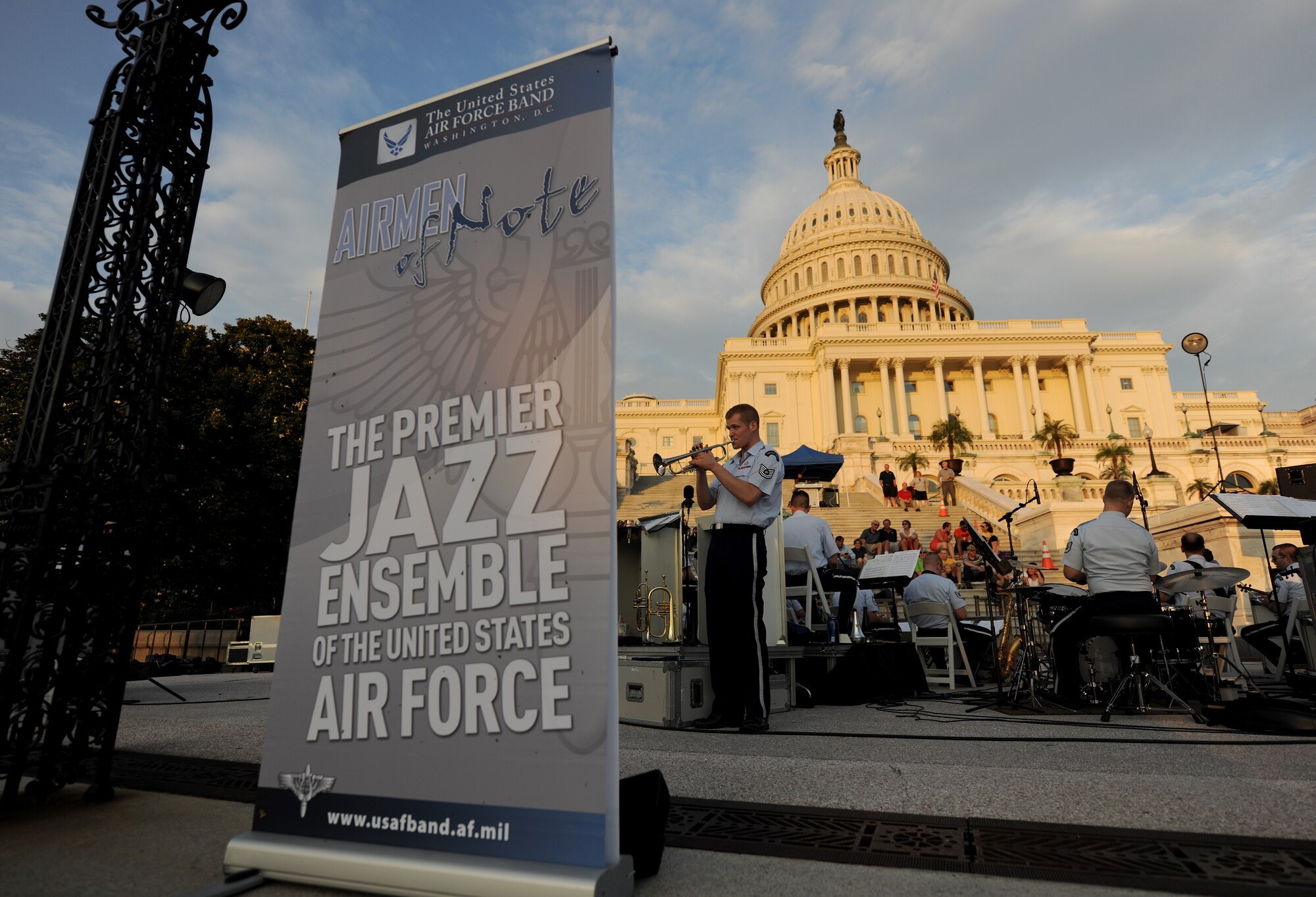 The Air Force Strings with The Airmen of Note present a D-Day 70th Anniversary Big Band Salute on the steps of The U.S. Capitol Building, Washington, D.C., June 10, 2014. The Air Force Strings and Airman of Note, both groups members of The U.S. Air Force Band, will be performing free outdoor concerts at the capitol steps every Tuesday evening throughout the summer. (U.S. Air Force photo/Senior Airman Nesha Humes)