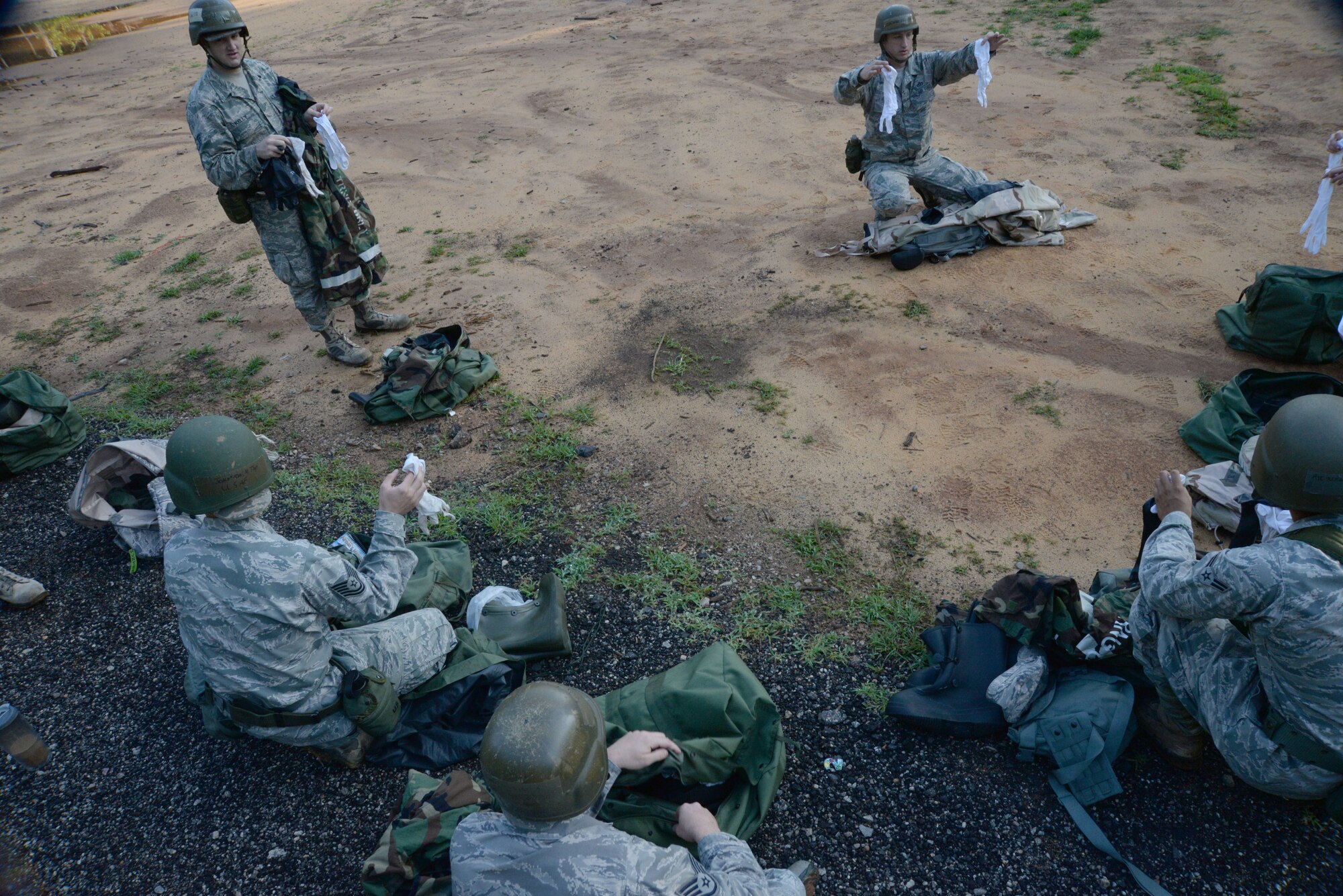 U.S. Air Force Master Sgt. Erik Field, 20th Civil Engineer compliance office superintendant, briefs his team on the neccessary equipment needed for their training at Shaw Air Force Base, S.C., June 12, 2014. The 20th CES Airman spent two days setting up structures for the up coming exercise. ( U.S. Air Force photo by Airman 1st Class Michael A. Cossaboom/Released)