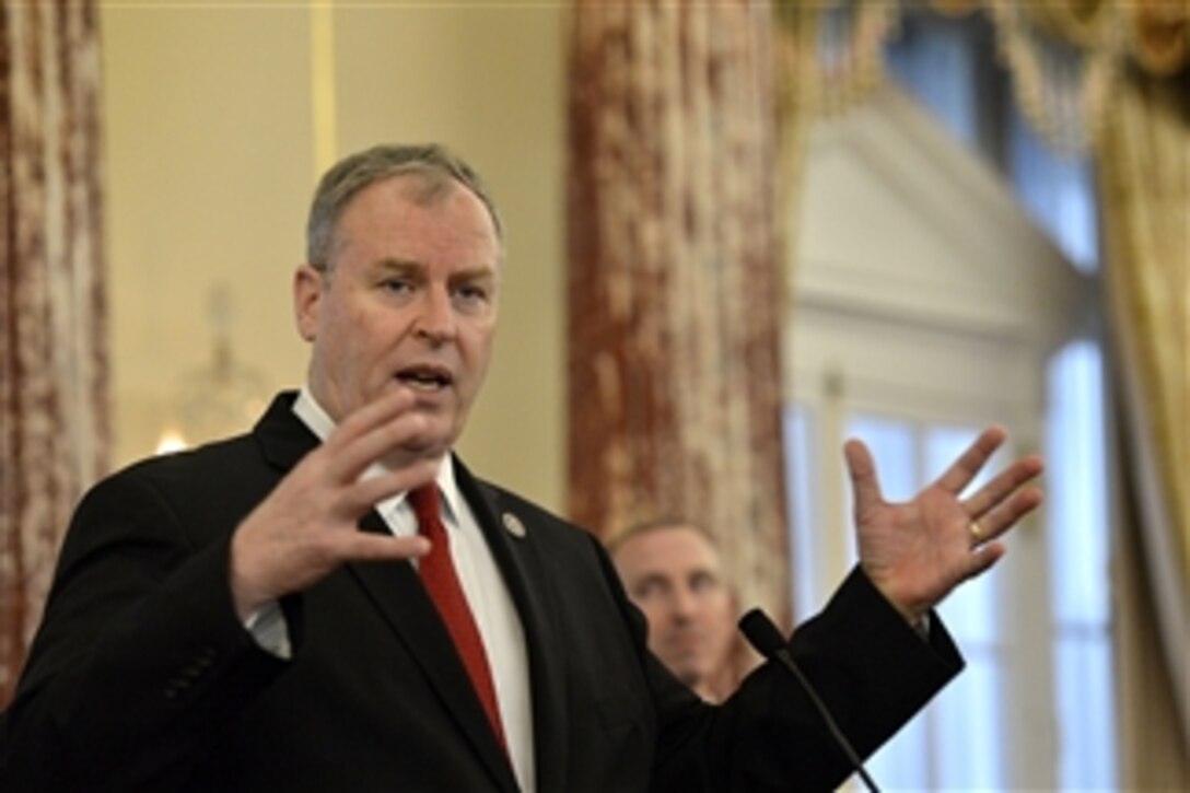 Deputy Defense Secretary Bob Work delivers remarks during a reception at the State Department in Washington, D.C., June 12, 2014, thanking foreign defense attache personnel for their service.