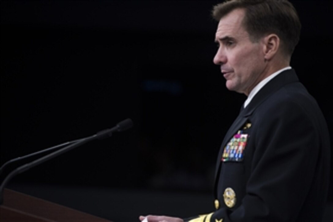 Pentagon Press Secretary Navy Rear Adm. John Kirby briefs reporters at the Pentagon, June 13, 2014. Kirby said Defense Secretary Chuck Hagel continues to monitor the situation in Iraq, where an armed militant extremist group called the Islamic State of Iraq and the Levant, or ISIL, has taken over several cities and routed segments of the Iraqi armed forces.